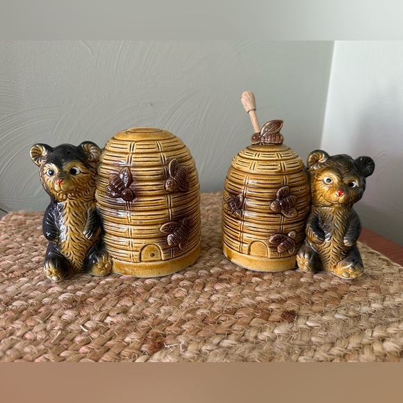 Other - Vintage Antique Honey Bear ceramic glazed honey jar with lid and coin bank set